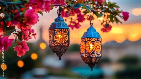 Fototapeta beautiful traditional ramadan a golden arabic lantern glowing at sunset by a tranquil lake with a scenic view of a mosque silhouette and starry evening sky