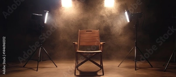 Fototapeta A wooden chair sits in the center of a dimly lit room with smoke and spotlights