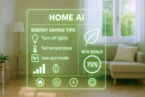 Fototapeta Home AI Eco Dashboard. Energy-saving tips and eco goals displayed on smart holographic interface in modern living room.
