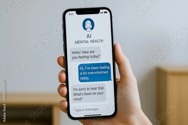 Fototapeta AI Mental Health Chat. Smartphone screen showing mental health chatbot conversation offering emotional support.
