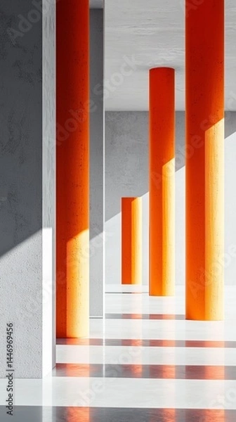 Fototapeta Modern architectural interior with vibrant orange columns and clean lines.