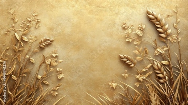 Obraz Golden grass with Stucco Stems and Leaves An elegant 3D floral background. Elegant 3D Floral Background Featuring Golden grass with Stucco Stems and Leaves.