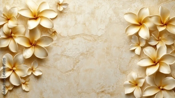 Obraz Golden Frangipani with Stucco Stems and Leaves An elegant 3D floral background. Elegant 3D Floral Background Featuring Golden Frangipani with Stucco Stems and Leaves.
