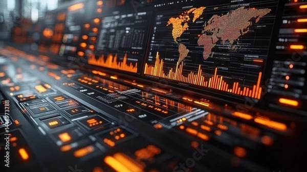 Obraz Futuristic interface with world map data charts and glowing orange lights.