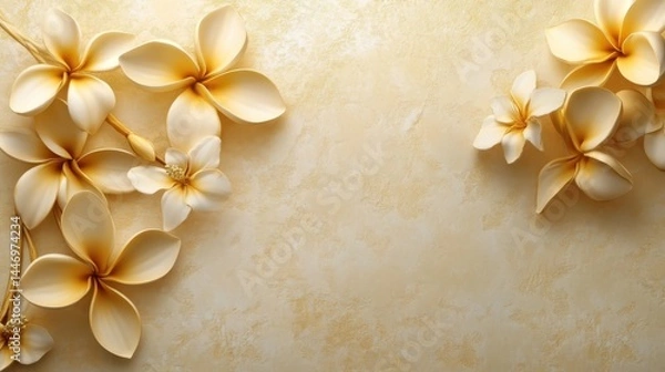 Obraz Golden Frangipani with Stucco Stems and Leaves An elegant 3D floral background. Elegant 3D Floral Background Featuring Golden Frangipani with Stucco Stems and Leaves.
