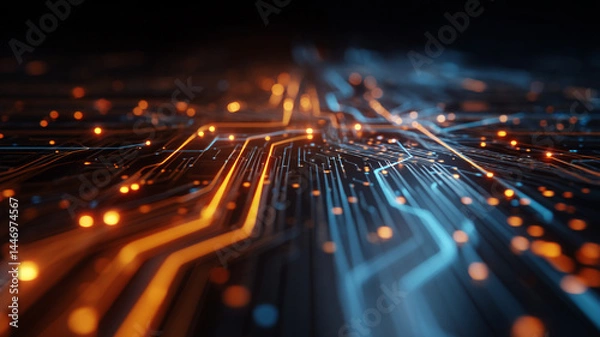 Fototapeta Futuristic technology image showing advanced AI interaction and glowing data flow
