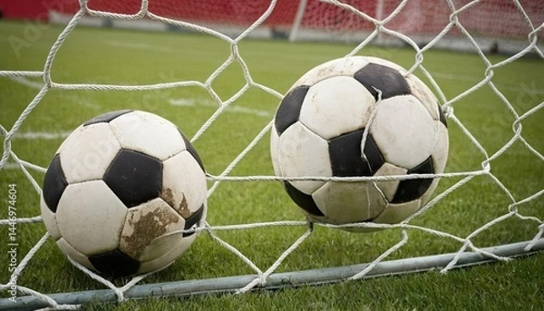 Fototapeta Ball in goalpost on soccer field
1