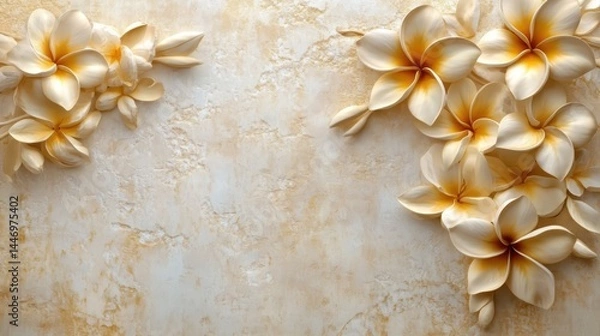 Obraz Golden Frangipani with Stucco Stems and Leaves An elegant 3D floral background. Elegant 3D Floral Background Featuring Golden Frangipani with Stucco Stems and Leaves.
