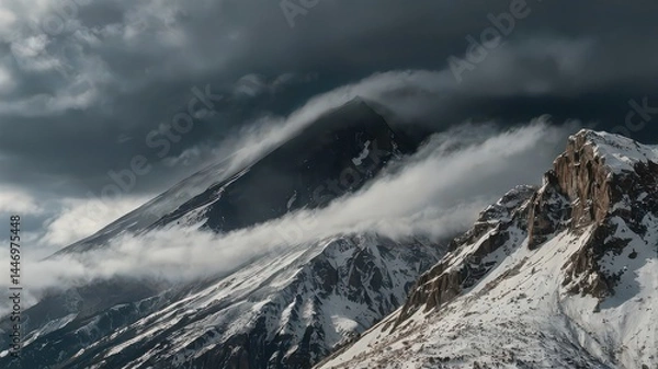 Fototapeta A view of snow capped mountains partially covered by clouds under a dark and stormy sky in the wilderness