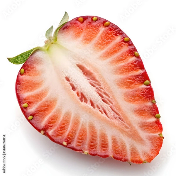 Fototapeta A thin strawberry slice, showing detailed seed patterns along its surface, with vibrant red flesh and a smooth, juicy texture.