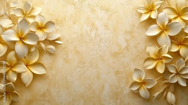 Obraz Golden Frangipani with Stucco Stems and Leaves An elegant 3D floral background. Elegant 3D Floral Background Featuring Golden Frangipani with Stucco Stems and Leaves.
