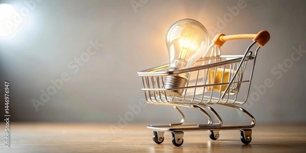 Fototapeta A small shopping trolley is filled with various products and has a light bulb shining brightly inside it , goods