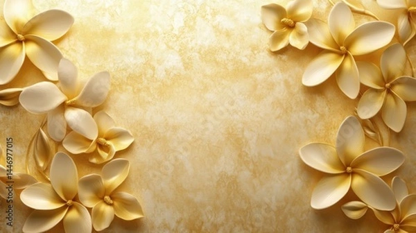 Obraz Golden Frangipani with Stucco Stems and Leaves An elegant 3D floral background. Elegant 3D Floral Background Featuring Golden Frangipani with Stucco Stems and Leaves.
