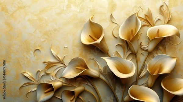 Obraz Golden Calla Lilies with Stucco Stems and Leaves An elegant 3D floral background. Elegant 3D Floral Background Featuring Golden Calla Lilies with Stucco Stems and Leaves.
