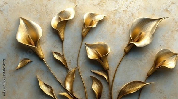 Obraz Golden Calla Lilies with Stucco Stems and Leaves An elegant 3D floral background. Elegant 3D Floral Background Featuring Golden Calla Lilies with Stucco Stems and Leaves.
