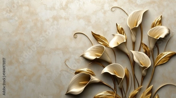 Obraz Golden Calla Lilies with Stucco Stems and Leaves An elegant 3D floral background. Elegant 3D Floral Background Featuring Golden Calla Lilies with Stucco Stems and Leaves.
