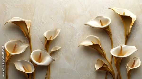 Obraz Golden Calla Lilies with Stucco Stems and Leaves An elegant 3D floral background. Elegant 3D Floral Background Featuring Golden Calla Lilies with Stucco Stems and Leaves.
