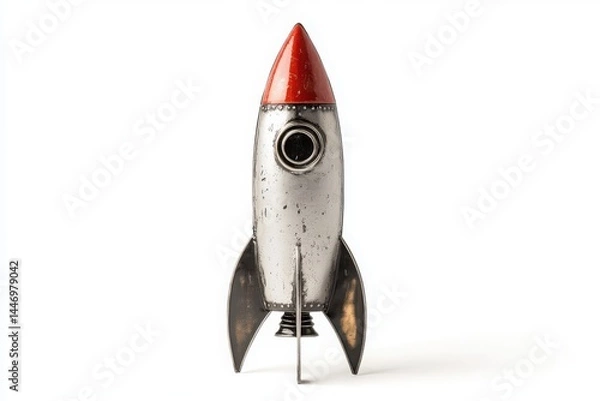 Fototapeta Metal rocket with red tip on white background