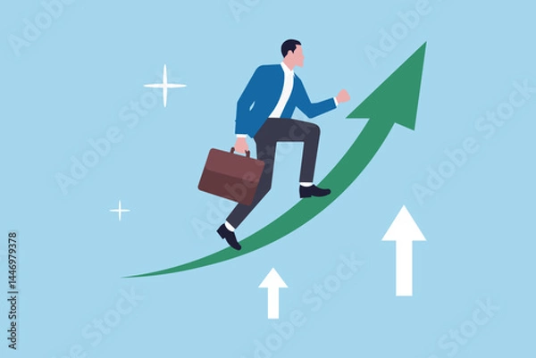 Fototapeta Increased business success, financial success, challenge or productivity at work, concept of employees with higher or more expertise, confident business people drive increased success.