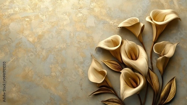 Obraz Golden Calla Lilies with Stucco Stems and Leaves An elegant 3D floral background. Elegant 3D Floral Background Featuring Golden Calla Lilies with Stucco Stems and Leaves.
