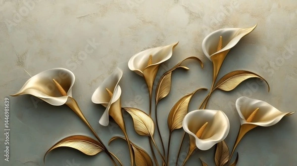 Obraz Golden Calla Lilies with Stucco Stems and Leaves An elegant 3D floral background. Elegant 3D Floral Background Featuring Golden Calla Lilies with Stucco Stems and Leaves.
