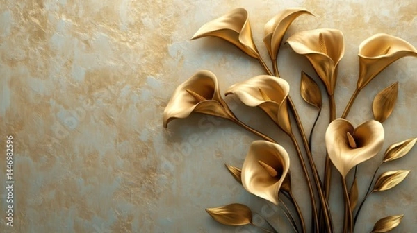 Obraz Golden Calla Lilies with Stucco Stems and Leaves An elegant 3D floral background. Elegant 3D Floral Background Featuring Golden Calla Lilies with Stucco Stems and Leaves.
