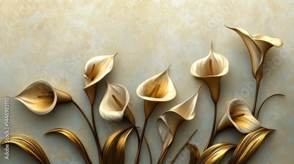 Obraz Golden Calla Lilies with Stucco Stems and Leaves An elegant 3D floral background. Elegant 3D Floral Background Featuring Golden Calla Lilies with Stucco Stems and Leaves.
