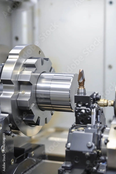 Fototapeta close-up view of a cnc lathe precisely machining a metallic workpiece