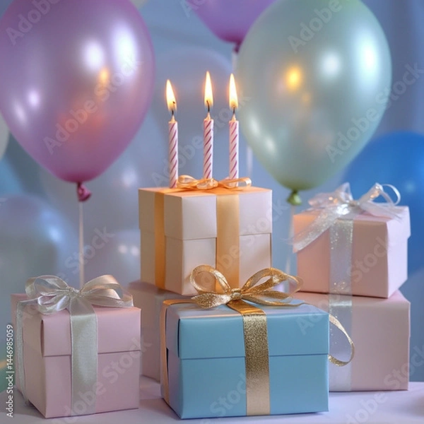 Obraz Elegant Gift Box with Decorative Candles on a White Table – Festive Atmosphere for Celebrations or Special Occasions
