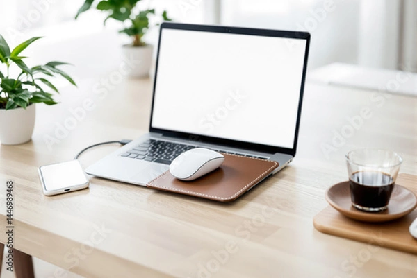Fototapeta modern and minimalist laptop workspace with coffee