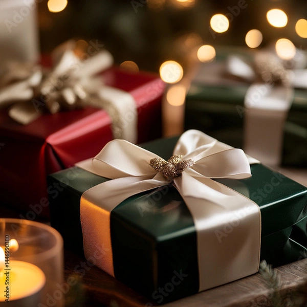 Fototapeta Elegant Gift Box Wrapped in White Paper with a Shiny Golden Ribbon Bow – Perfect for Celebrations, Holidays, Birthdays, Weddings, or Luxury Presentations with a Sophisticated Touch

