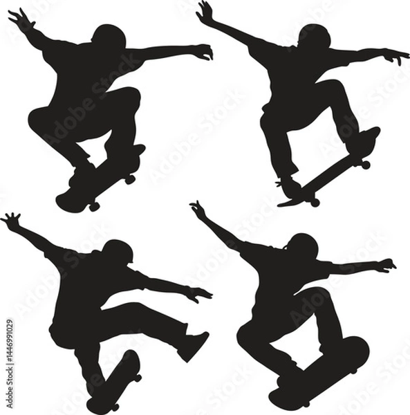 Fototapeta Silhouettes of Skateboarders Performing Tricks – Black and White Vector Illustration with Dynamic Poses, Urban Action Sports Style, Mid-Air Stunts, and Minimalist Graphic Design