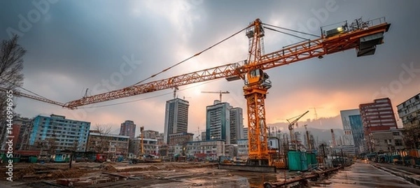 Fototapeta Tower cranes at construction development site. Generative AI technology.	
