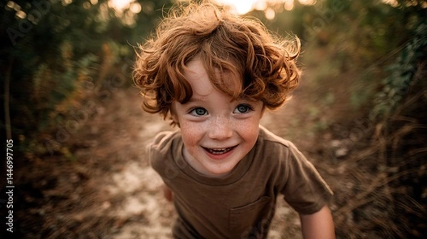 Fototapeta Happy boy with ginger curls in natural light