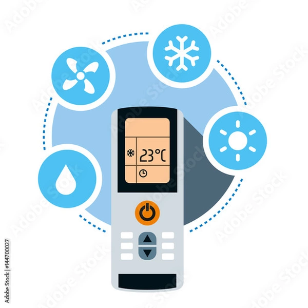 Fototapeta Climate control system concept. Air conditioner remote control and air conditioning symbols. Vector illustration isolated on white background.