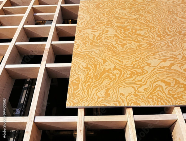 Fototapeta close-up view of a wooden grid structure with a marbled panel