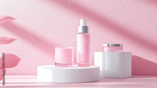 Fototapeta Feminine skincare display with pink bottles and jars on white pedestals