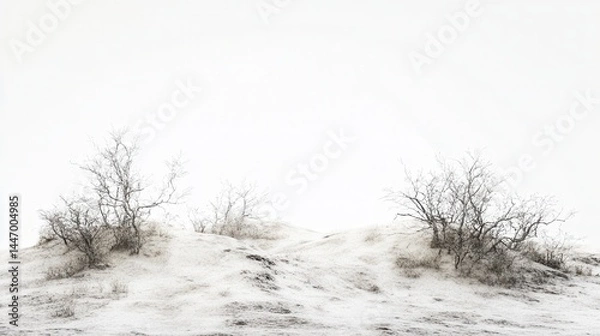 Obraz Minimalist winter landscape with snow-covered mounds and leafless shrubs against a bright white sky.