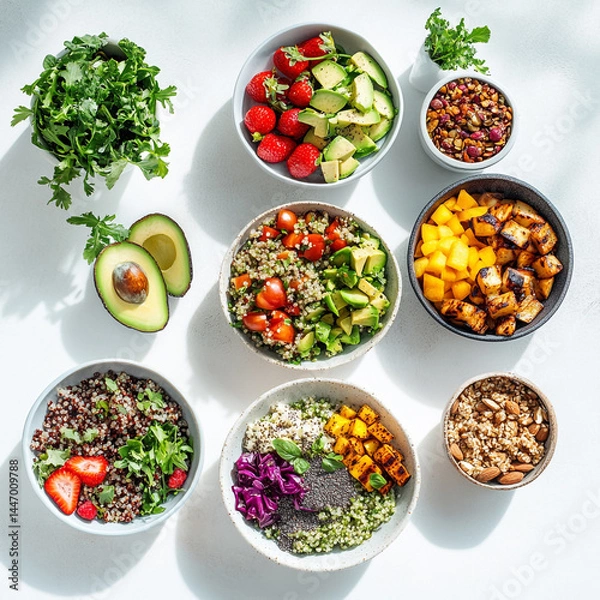 Fototapeta Colorful Fresh Vegetable Salad with Crisp Lettuce, Juicy Tomatoes, Crunchy Cucumber, Carrots, and a Light Olive Oil Dressing – Healthy, Vegan, and Perfect for Summer or Side Dishes