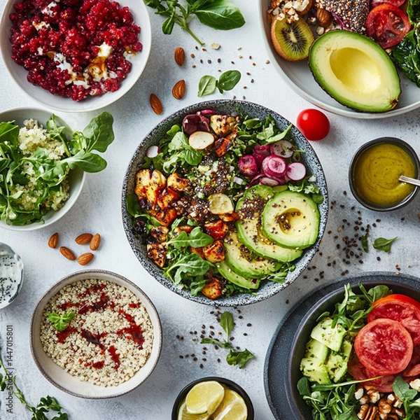 Fototapeta Colorful Fresh Vegetable Salad with Crisp Lettuce, Juicy Tomatoes, Crunchy Cucumber, Carrots, and a Light Olive Oil Dressing – Healthy, Vegan, and Perfect for Summer or Side Dishes