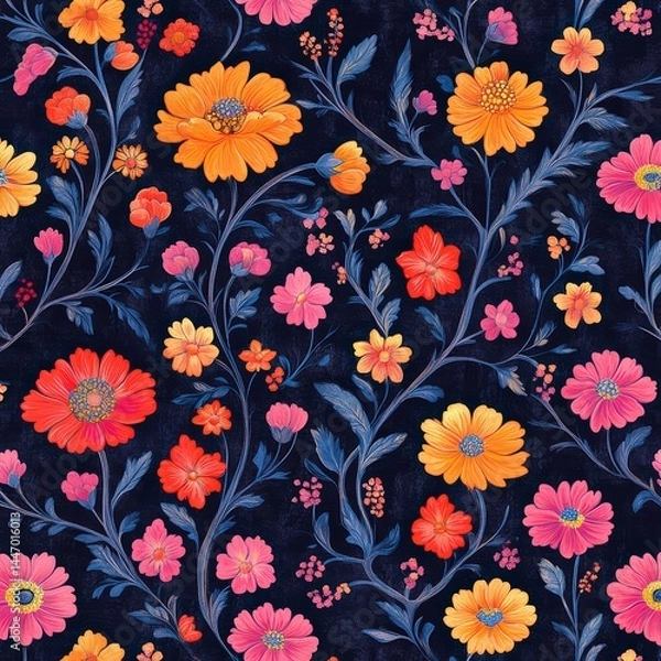 Fototapeta Vibrant Floral Pattern on Dark Background for Stylish Design Themes
