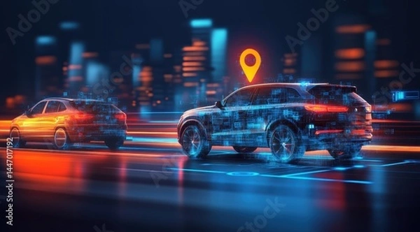 Fototapeta Autonomous vehicles navigating a city at night.  Sophisticated technology displayed around the cars, highlighting location and connectivity