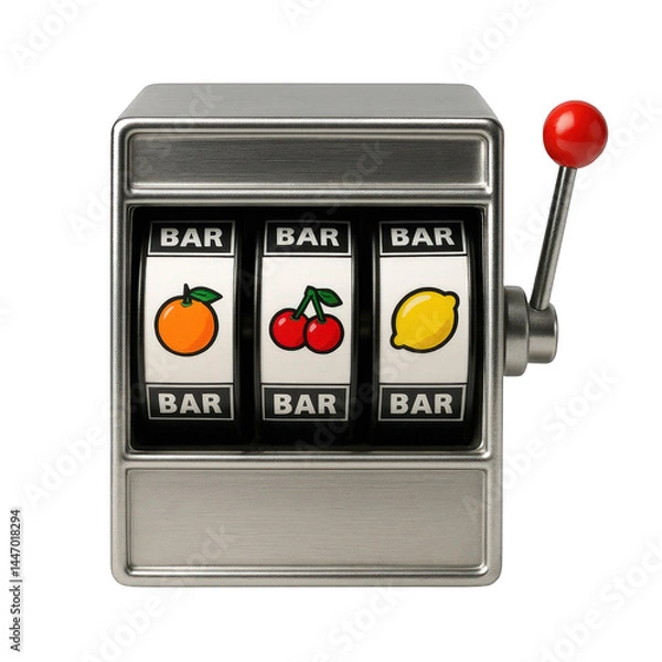 Obraz Polished metal three-reel slot machine featuring vibrant fruit and traditional BAR symbols with a prominent red lever.