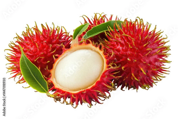 Fototapeta Fresh rambutan fruit, cut open to reveal the white flesh inside, showcasing vivid colors and tropical textures.