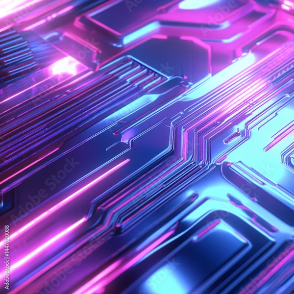Fototapeta Futuristic circuit board background with glowing lines, microchip patterns, and blue neon tones, symbolizing high-tech electronics, digital connections, and modern computing infrastructure.

