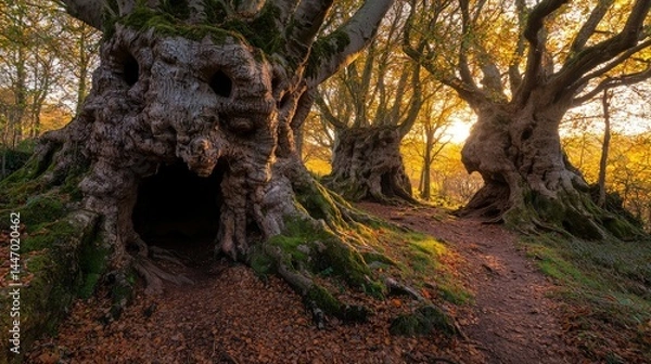 Fototapeta Large old trees with hollows and moss in a sunlit forest