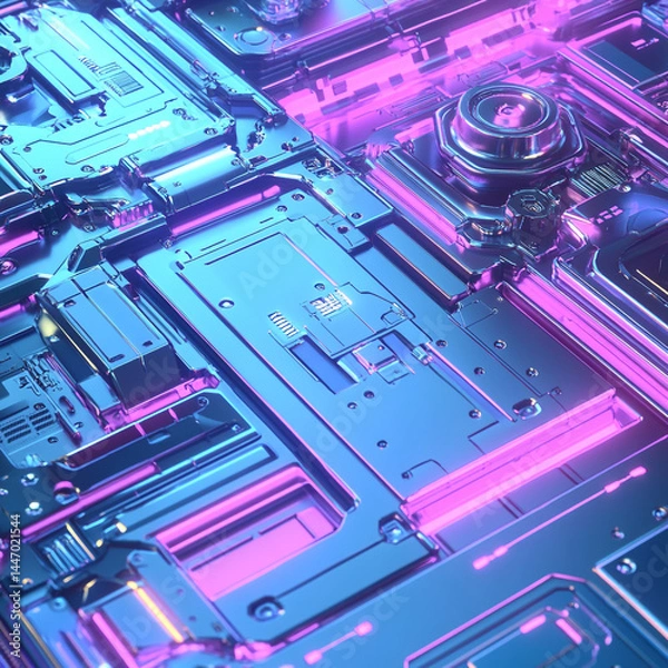 Fototapeta Futuristic circuit board background with glowing lines, microchip patterns, and blue neon tones, symbolizing high-tech electronics, digital connections, and modern computing infrastructure.

