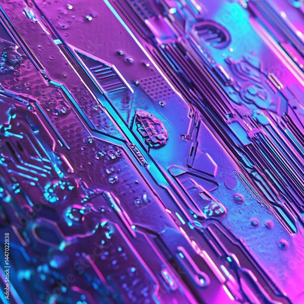 Fototapeta Futuristic circuit board background with glowing lines, microchip patterns, and blue neon tones, symbolizing high-tech electronics, digital connections, and modern computing infrastructure.


