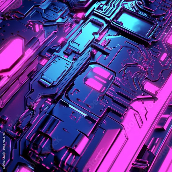 Fototapeta Futuristic circuit board background with glowing lines, microchip patterns, and blue neon tones, symbolizing high-tech electronics, digital connections, and modern computing infrastructure.

