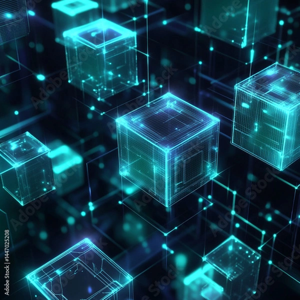 Fototapeta Abstract blue 3D background featuring floating or stacked cubes with geometric patterns and gradient lighting, creating a modern, futuristic, and tech-inspired digital design aesthetic